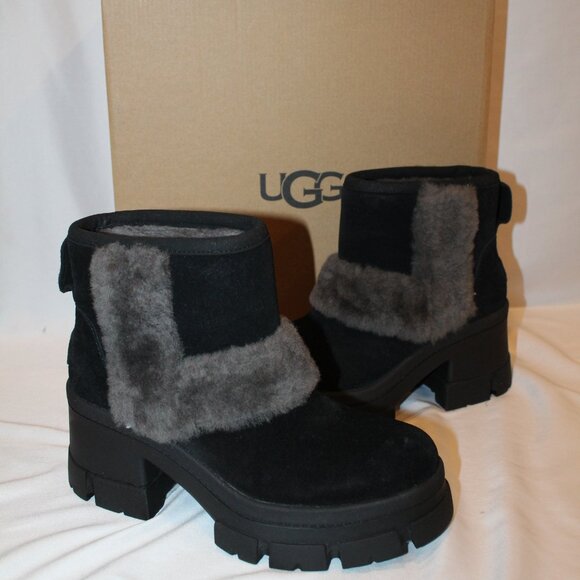 NIB UGG WOMEN'S BROOKLYN SUEDE‎ SHEARLING SPILL SEAM PLATFORM BOOTS BLACK - Picture 1 of 8